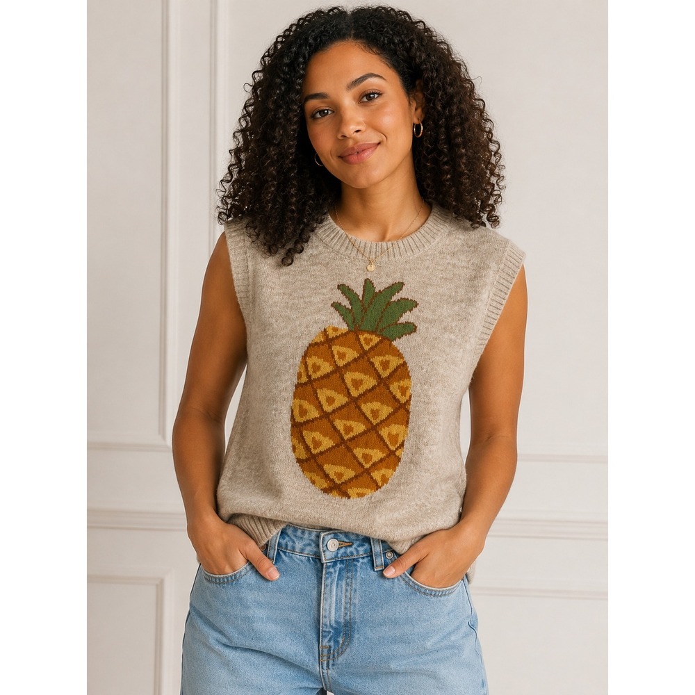 Cider Womens Pineapple Intarsia Knit Sweater Vest Oatmeal Heather Size XS Preppy